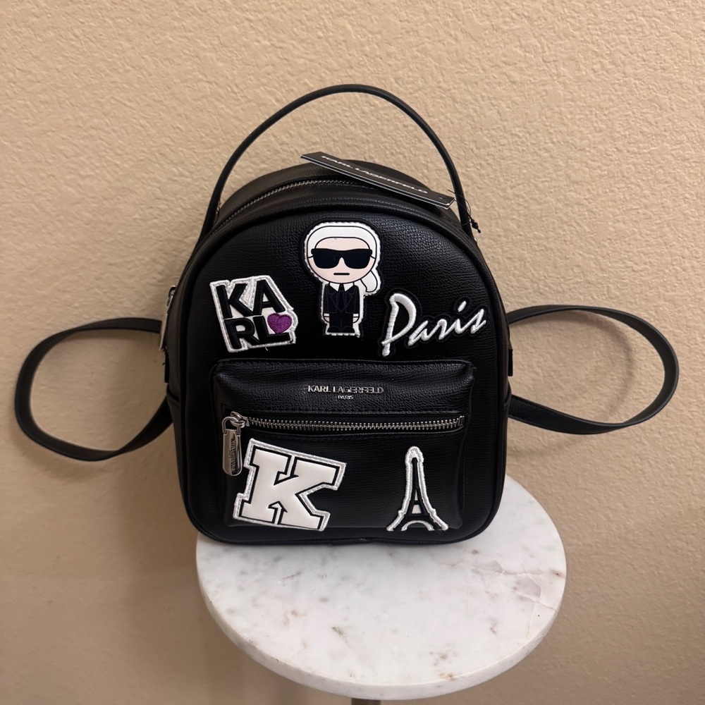 Women KARL LAGERFELD Fun Mini Black backpack patches logo Paris city day pack